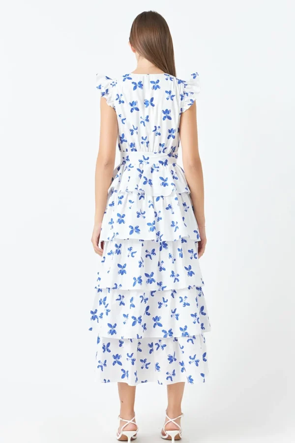 ENDLESS ROSE Tops*- Floral Layered Long Dress WHITE/BLUE
