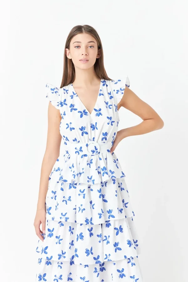 ENDLESS ROSE Tops*- Floral Layered Long Dress WHITE/BLUE