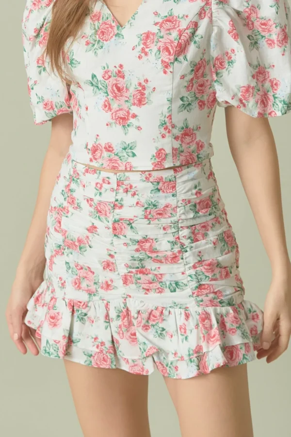 ENDLESS ROSE Matching Sets | Skirts*- Floral Linen Ruffled Mini Skirt IVORY
