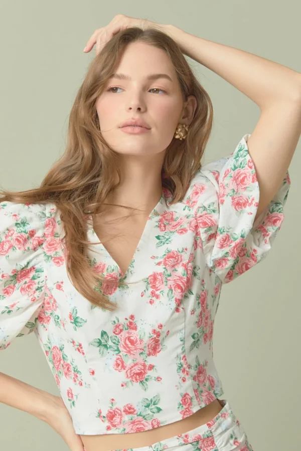 ENDLESS ROSE Matching Sets | Tops*- Floral Linen Puff Sleeve Top IVORY