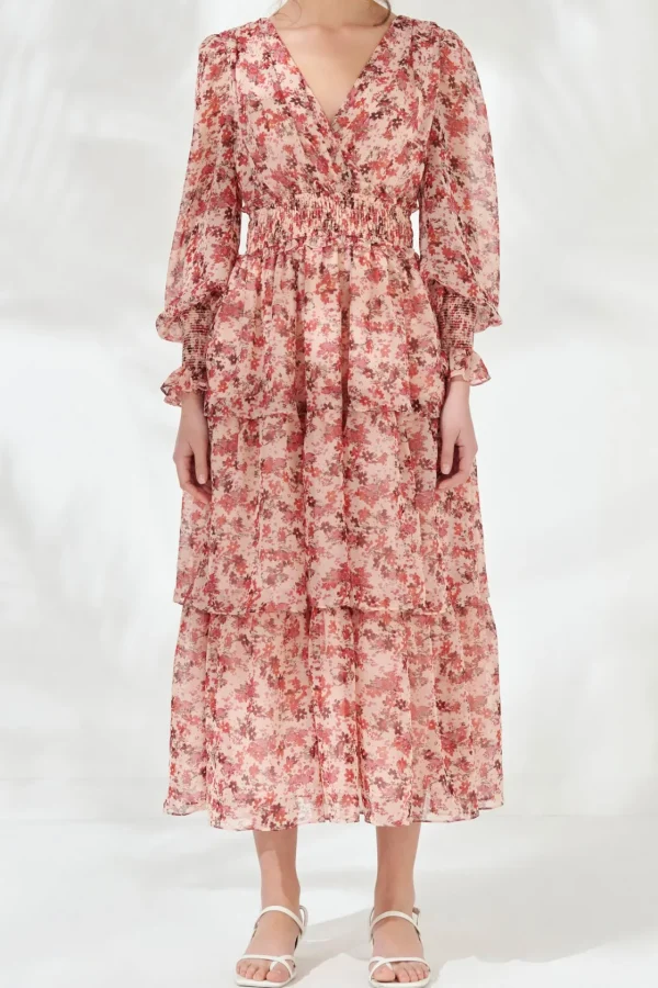 ENDLESS ROSE Print Takeaway | Bow Tie*- Floral Long-Sleeve Maxi Dress PINKMULTI