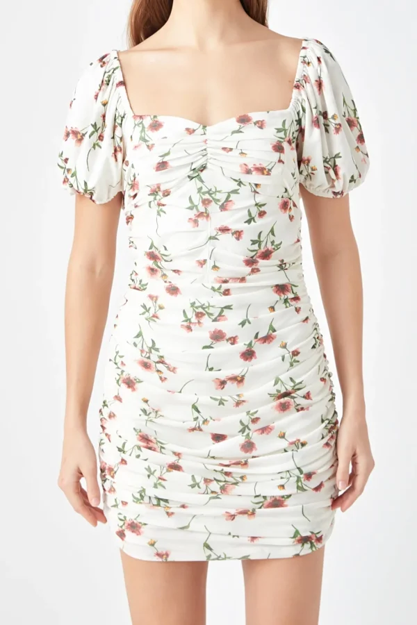 ENDLESS ROSE White Dresses | Floral Dresses*- Floral Mesh Ruched Mini Dress with Short Sleeves WHITEMULTI
