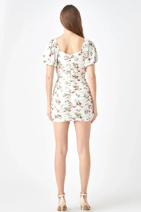 ENDLESS ROSE White Dresses | Floral Dresses*- Floral Mesh Ruched Mini Dress with Short Sleeves WHITEMULTI