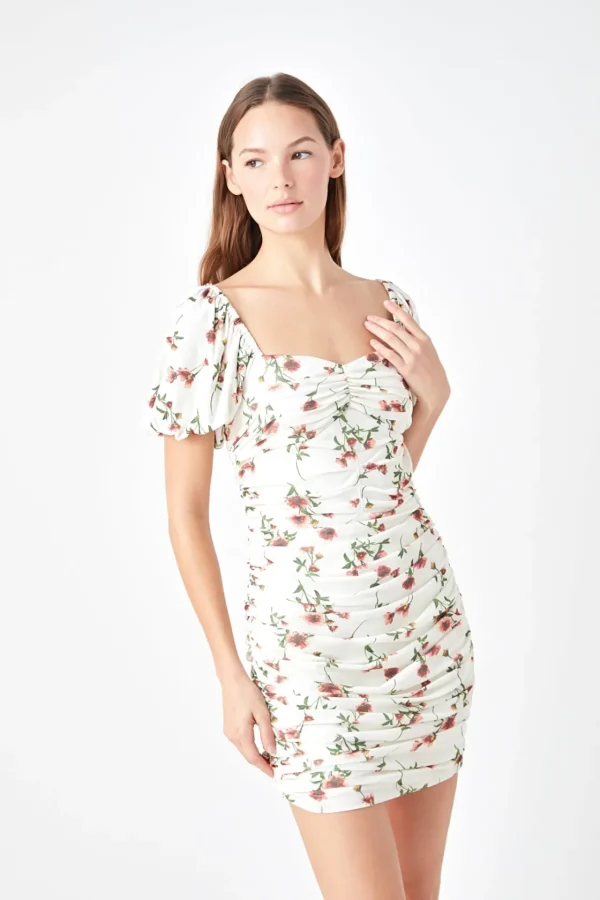 ENDLESS ROSE White Dresses | Floral Dresses*- Floral Mesh Ruched Mini Dress with Short Sleeves WHITEMULTI
