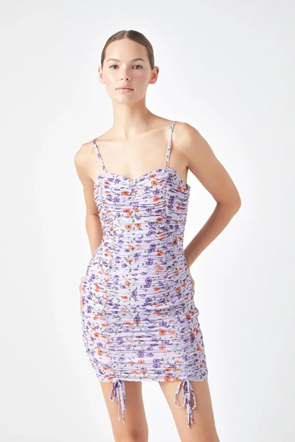 ENDLESS ROSE Floral Dresses | Tops*- Floral Mesh Mini Dress with Ruched Detail PURPLEMULTI