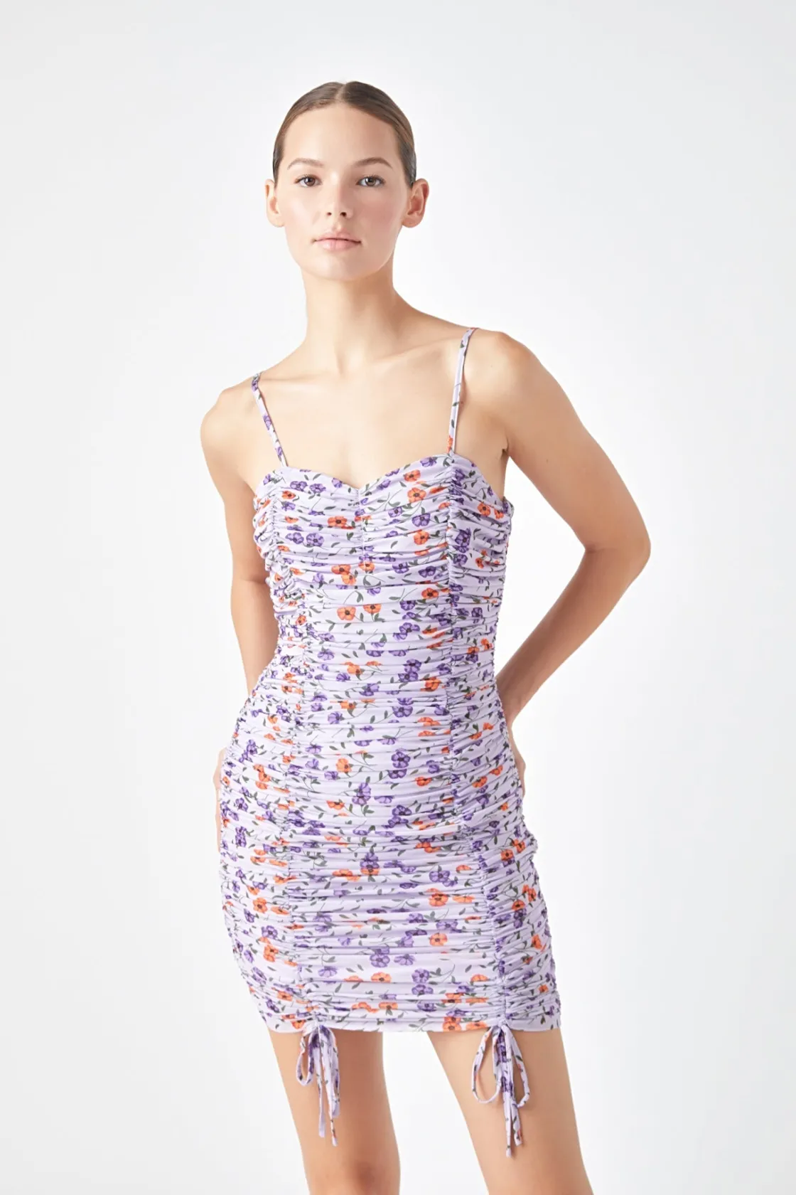 endless_rose__floral_mesh_3.webp ENDLESS ROSE Floral Dresses | Tops*- Floral Mesh Mini Dress with Ruched Detail PURPLEMULTI