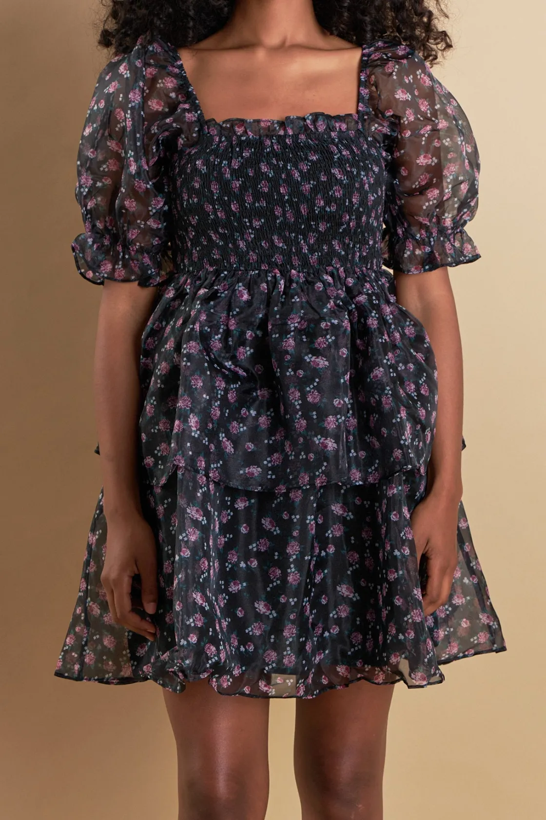 endless_rose__floral_orga_0.webp ENDLESS ROSE Floral Dresses | Tops*- Floral Organza Double Ruffled Baby Doll BLACKNAVY