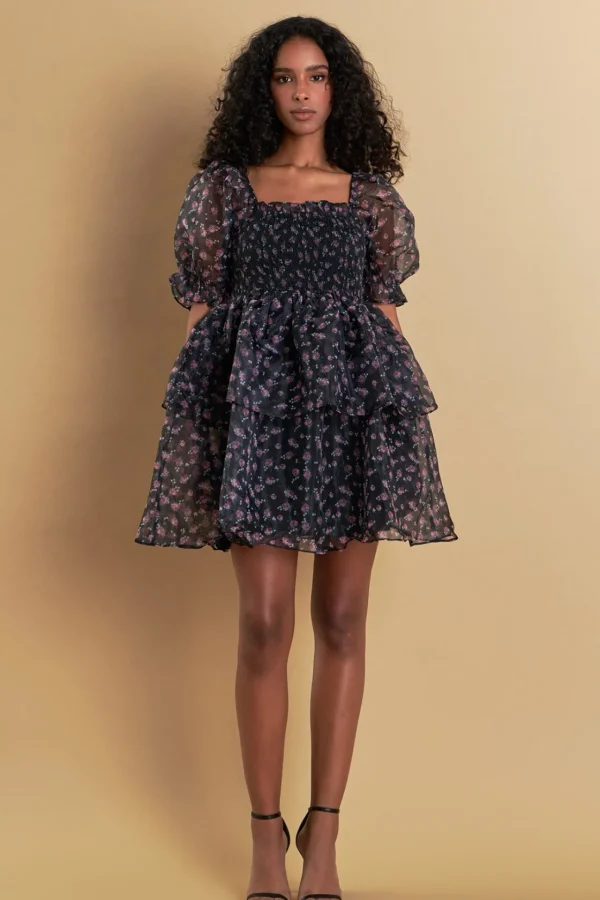 ENDLESS ROSE Floral Dresses | Tops*- Floral Organza Double Ruffled Baby Doll BLACKNAVY