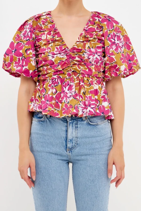 ENDLESS ROSE Tops*- Floral Pleated Top PINKMULTI