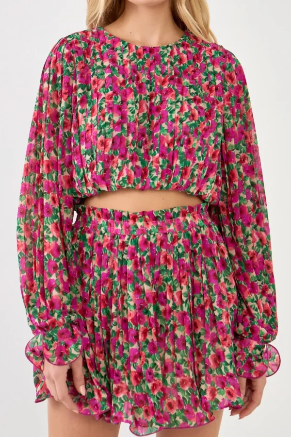 ENDLESS ROSE Tops*- Floral Pleated Bubbled Top MAGENTA