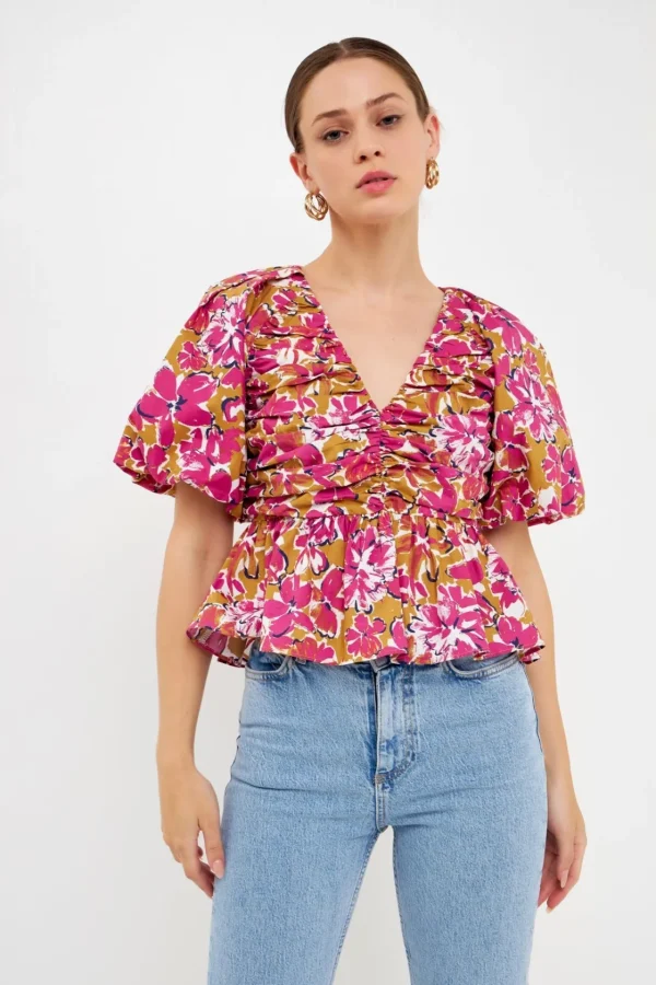 ENDLESS ROSE Tops*- Floral Pleated Top PINKMULTI