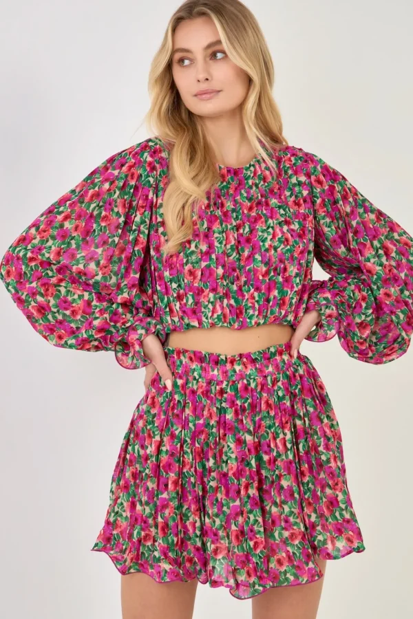 ENDLESS ROSE Tops*- Floral Pleated Bubbled Top MAGENTA