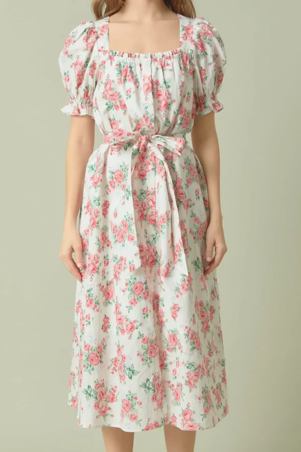 ENDLESS ROSE Tops*- Floral Print Linen Midi Dress IVORY