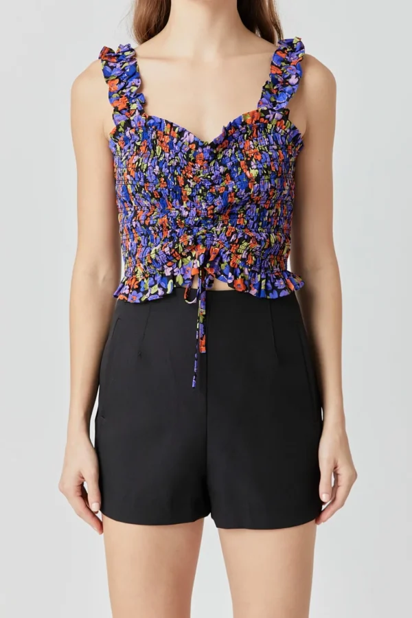 ENDLESS ROSE Tops*- Floral Print Smocked Top BLACKMULTI
