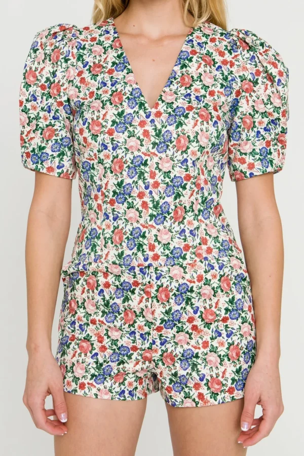 ENDLESS ROSE Tops*- Floral Print V-neck Top IVORYMULTI