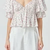 ENDLESS ROSE Tops*- Floral Print Satin Top IVORY/PINK