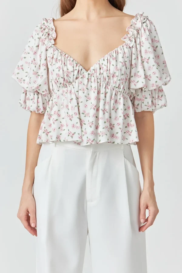 ENDLESS ROSE Tops*- Floral Print Satin Top IVORY/PINK