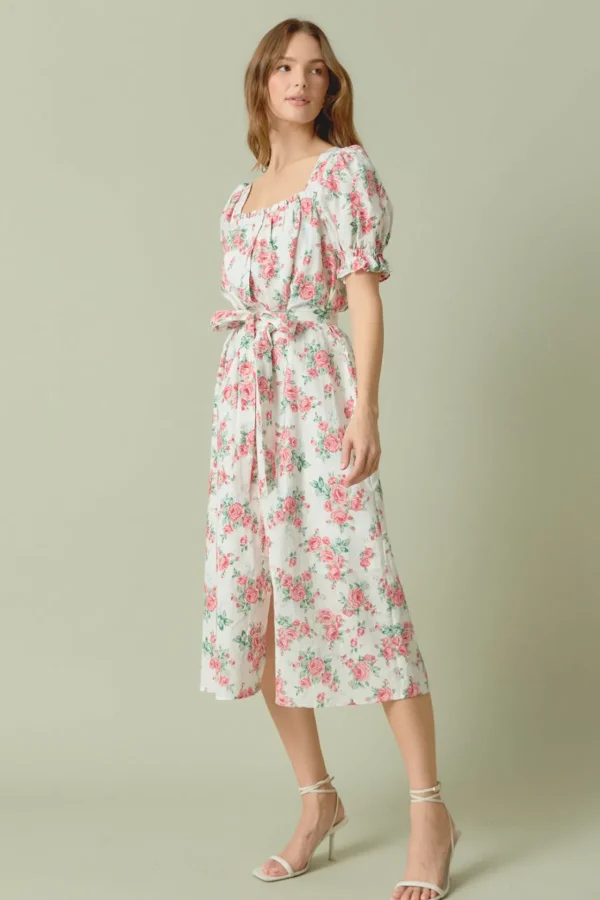 ENDLESS ROSE Tops*- Floral Print Linen Midi Dress IVORY