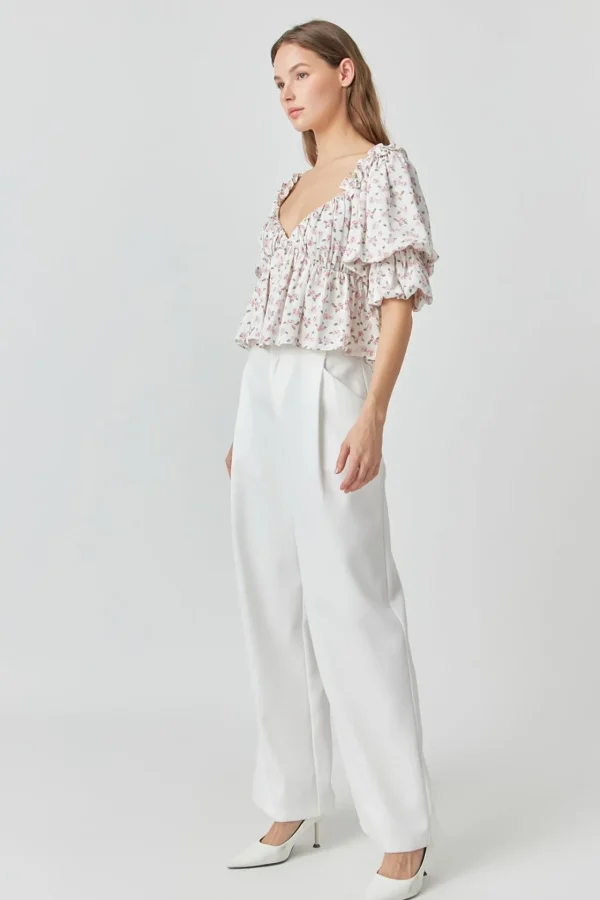 ENDLESS ROSE Tops*- Floral Print Satin Top IVORY/PINK