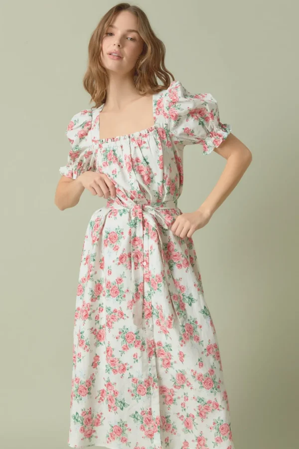 ENDLESS ROSE Tops*- Floral Print Linen Midi Dress IVORY