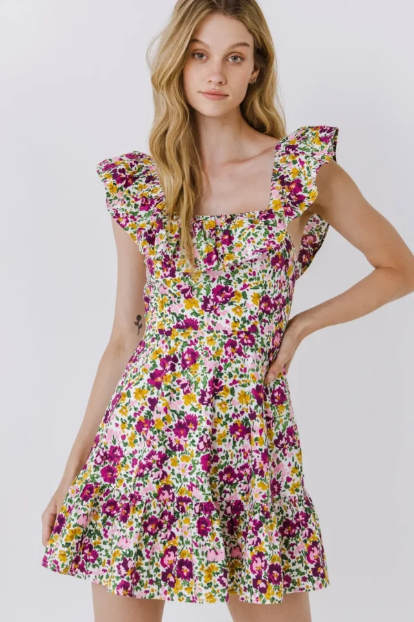 ENDLESS ROSE Tops*- Floral Print Ruffled Dress WHITEMULTI