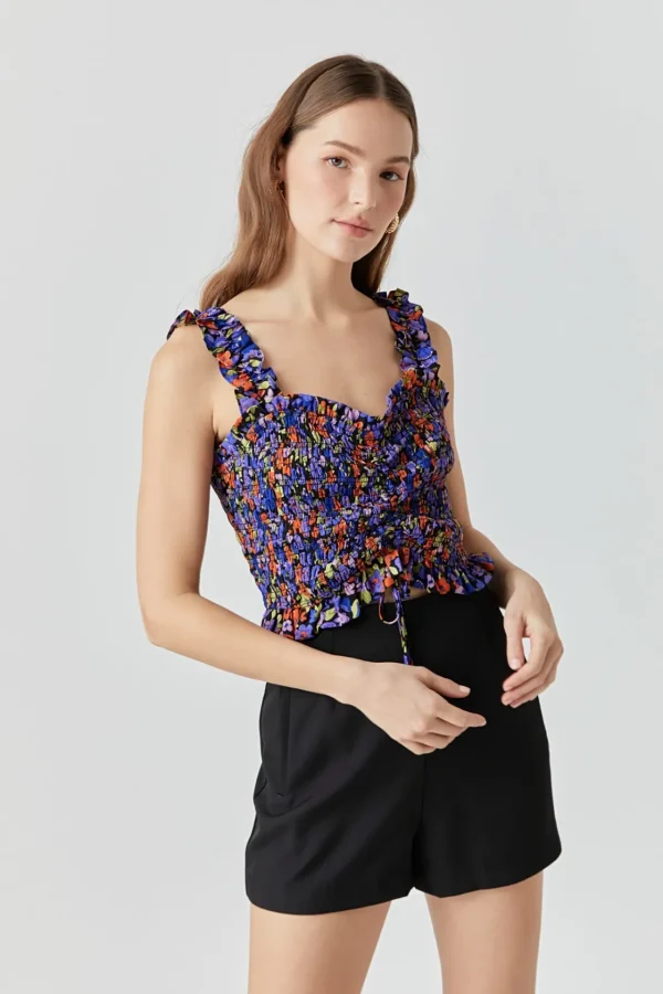 ENDLESS ROSE Tops*- Floral Print Smocked Top BLACKMULTI