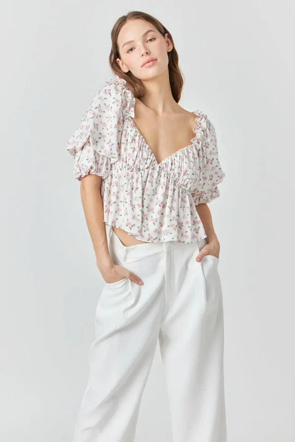 ENDLESS ROSE Tops*- Floral Print Satin Top IVORY/PINK