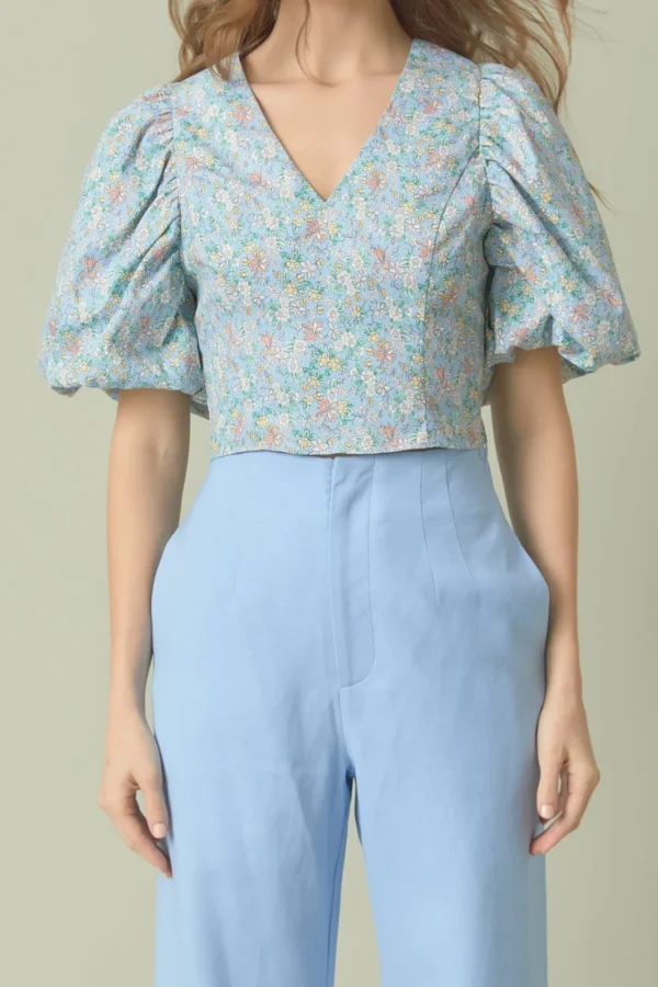 ENDLESS ROSE Tops*- Floral Puff Sleeve Cropped Top