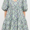 ENDLESS ROSE Tops*- Floral Puff Sleeve Jacquard High Low Dress WHITE/PURPLE