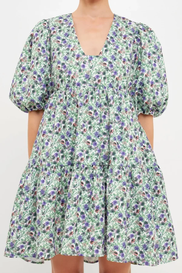 ENDLESS ROSE Tops*- Floral Puff Sleeve Jacquard High Low Dress WHITE/PURPLE