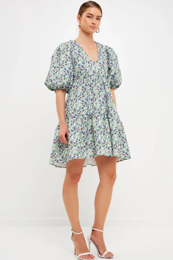 ENDLESS ROSE Tops*- Floral Puff Sleeve Jacquard High Low Dress WHITE/PURPLE