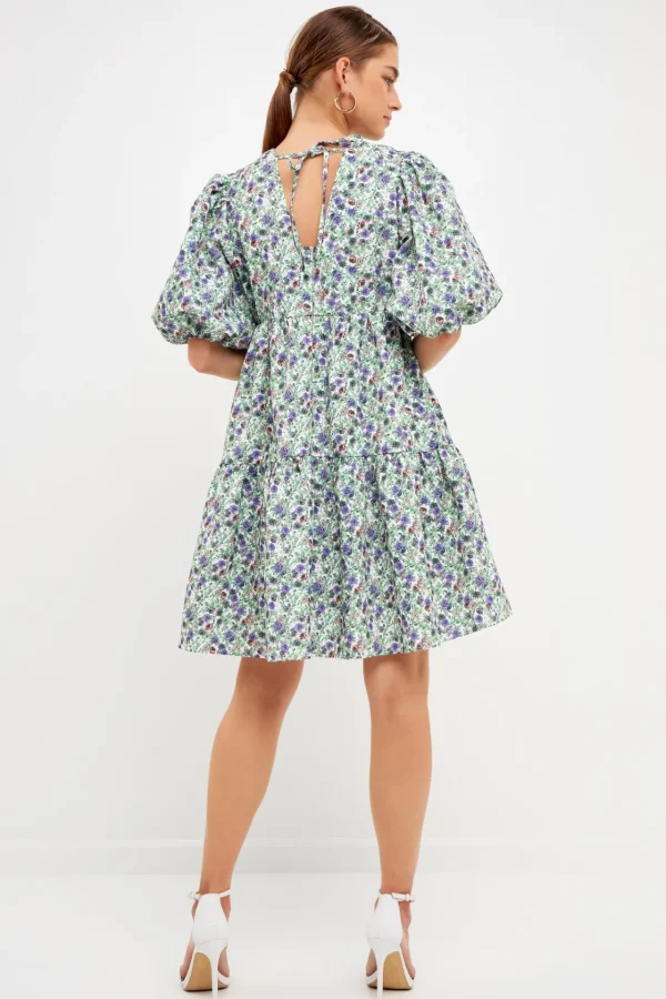 ENDLESS ROSE Tops*- Floral Puff Sleeve Jacquard High Low Dress WHITE/PURPLE