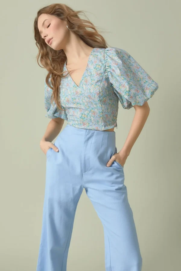 ENDLESS ROSE Tops*- Floral Puff Sleeve Cropped Top