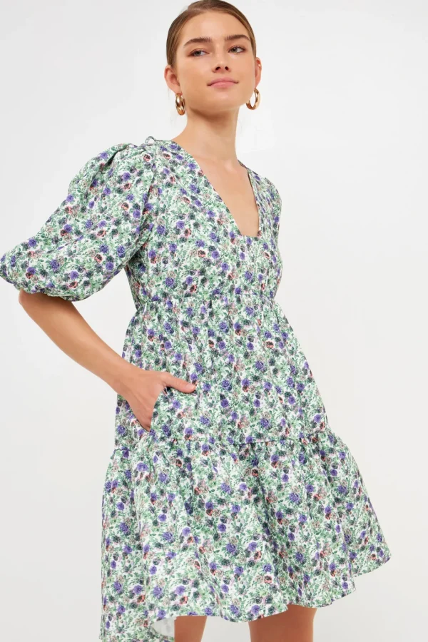 ENDLESS ROSE Tops*- Floral Puff Sleeve Jacquard High Low Dress WHITE/PURPLE
