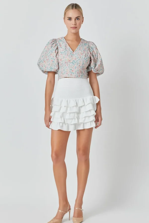 ENDLESS ROSE Tops*- Floral Puff Sleeve Cropped Top