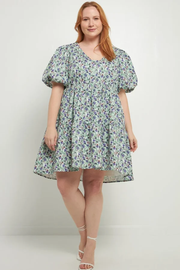 ENDLESS ROSE Tops*- Floral Puff Sleeve Jacquard High Low Dress WHITE/PURPLE