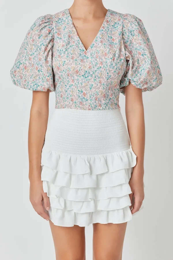 ENDLESS ROSE Tops*- Floral Puff Sleeve Cropped Top