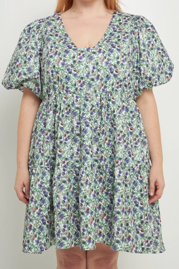 ENDLESS ROSE Tops*- Floral Puff Sleeve Jacquard High Low Dress WHITE/PURPLE