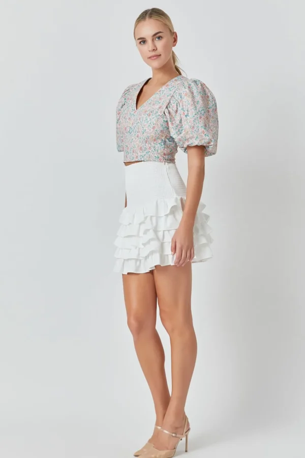 ENDLESS ROSE Tops*- Floral Puff Sleeve Cropped Top