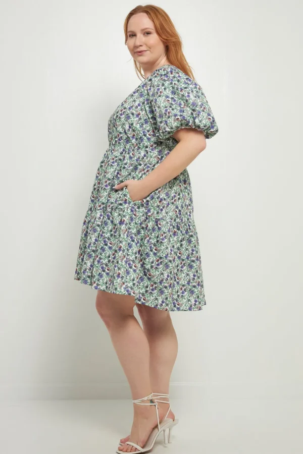 ENDLESS ROSE Tops*- Floral Puff Sleeve Jacquard High Low Dress WHITE/PURPLE
