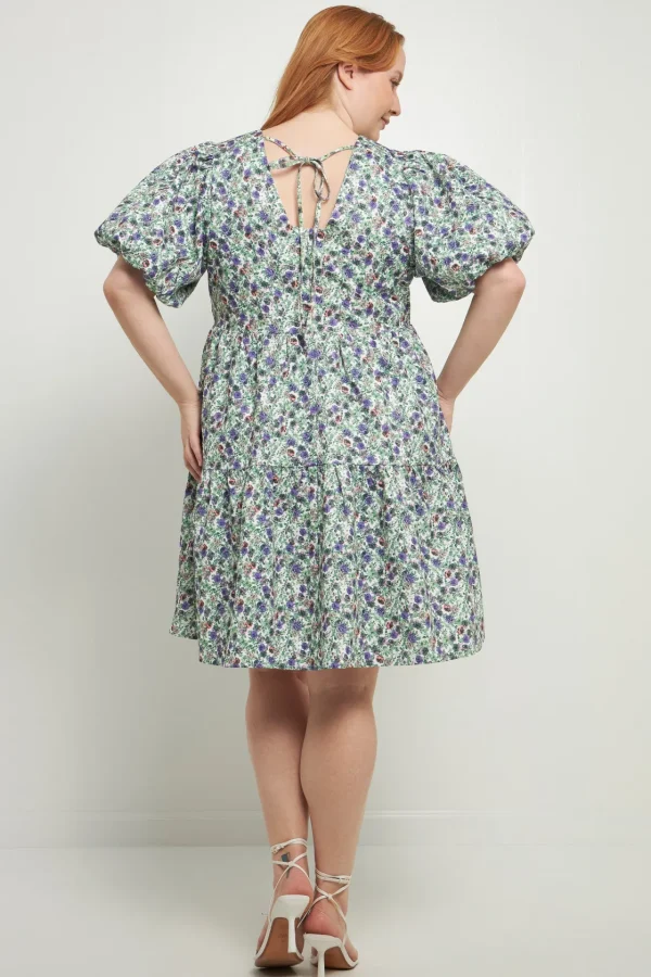ENDLESS ROSE Tops*- Floral Puff Sleeve Jacquard High Low Dress WHITE/PURPLE