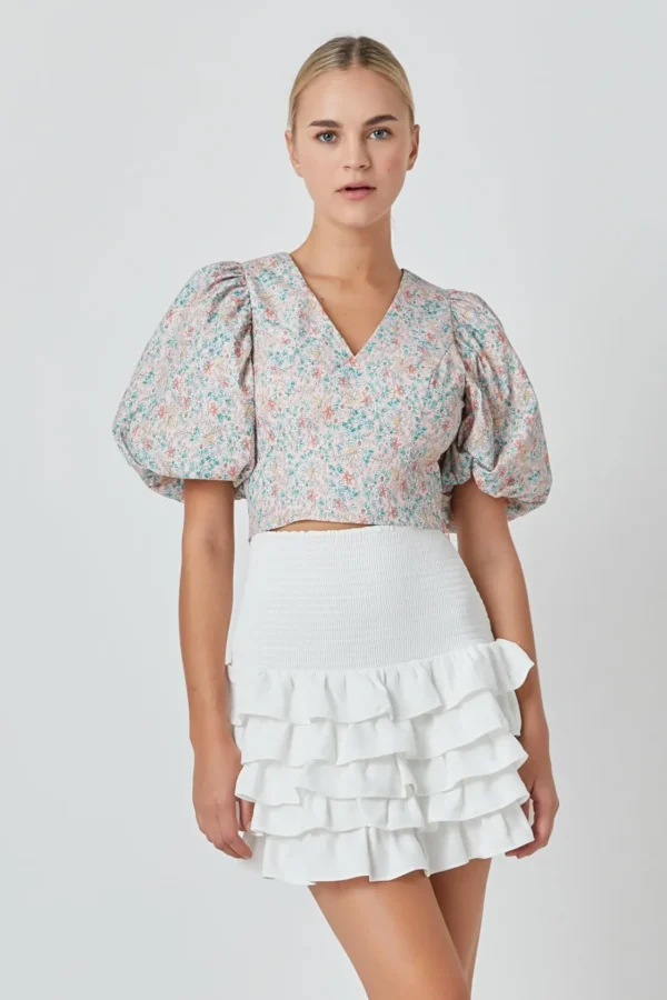 ENDLESS ROSE Tops*- Floral Puff Sleeve Cropped Top