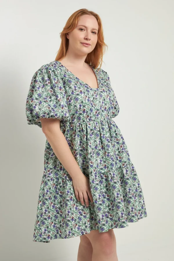 ENDLESS ROSE Tops*- Floral Puff Sleeve Jacquard High Low Dress WHITE/PURPLE