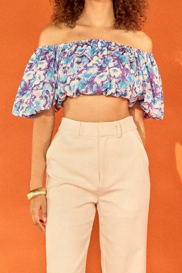 ENDLESS ROSE Tops*- Floral Satin Effect Crop Top BLUEMULTI