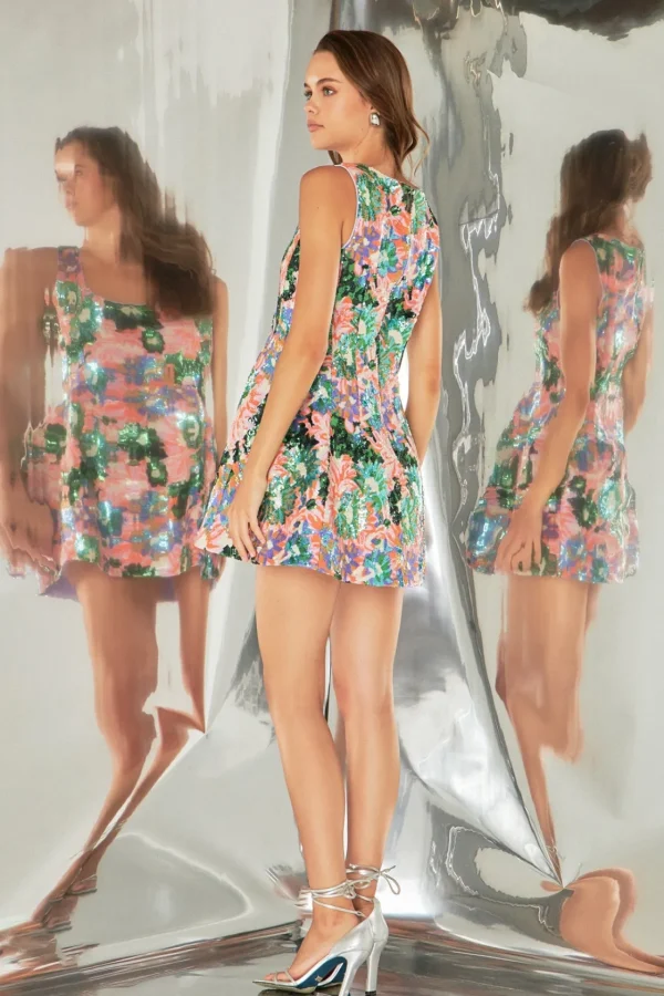 ENDLESS ROSE Tops*- Floral Sequins Mini Dress MULTI