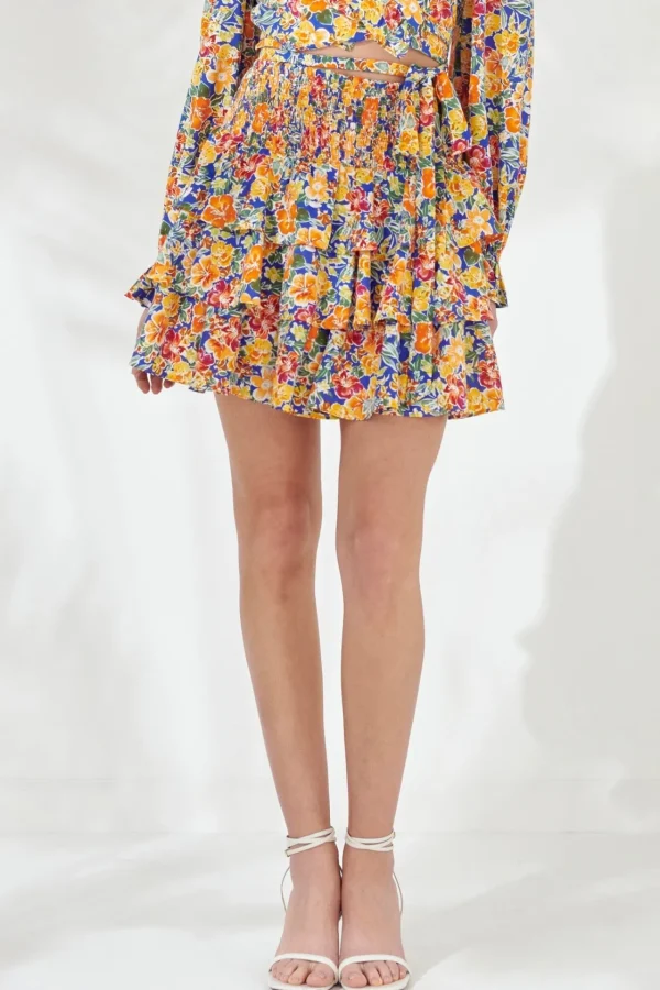 ENDLESS ROSE Skirts | Tops*- Floral Smocked Tiered Mini Skirt BLUE