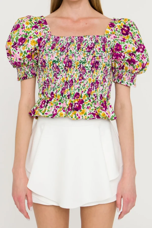 ENDLESS ROSE Tops*- Floral Smocked Top WHITEMULTI