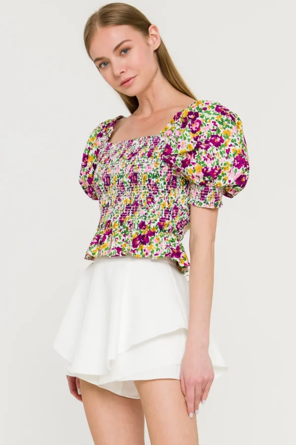 ENDLESS ROSE Tops*- Floral Smocked Top WHITEMULTI