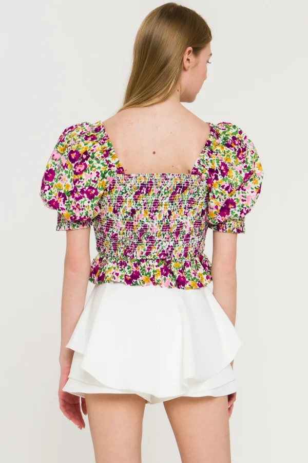 ENDLESS ROSE Tops*- Floral Smocked Top WHITEMULTI
