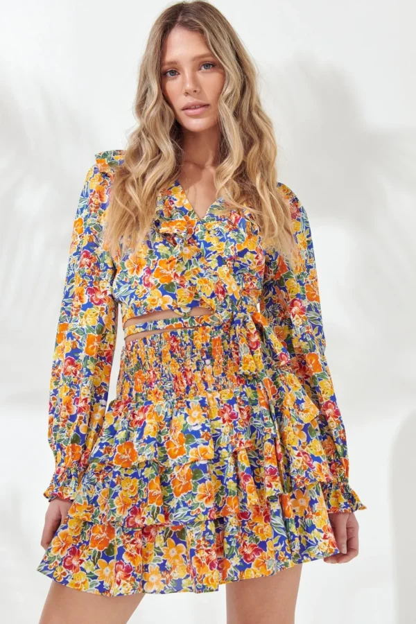 ENDLESS ROSE Skirts | Tops*- Floral Smocked Tiered Mini Skirt BLUE